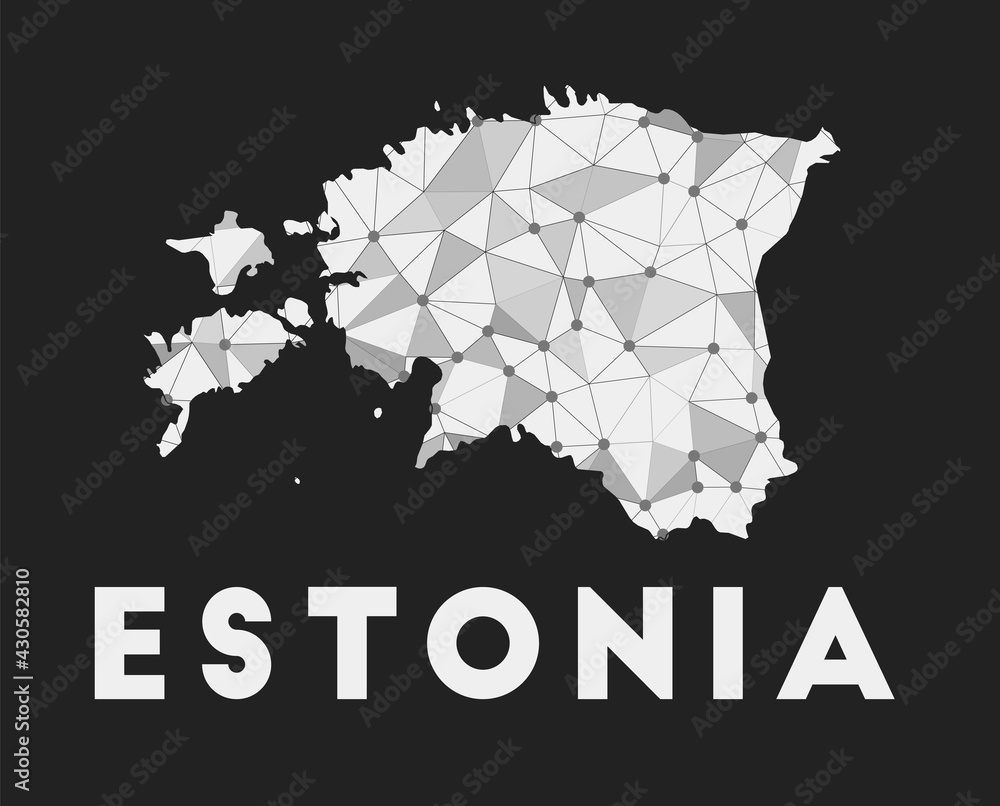 Estonia - communication network map of country. Estonia trendy geometric design on dark background. Technology, internet, network, telecommunication concept. Vector illustration.