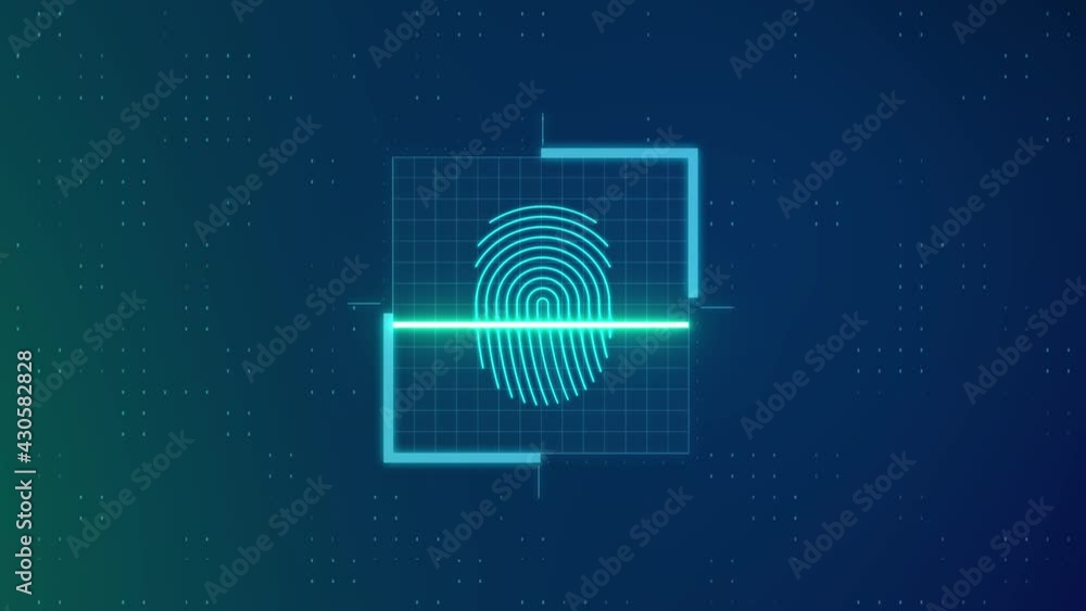 technology security system animation. Fingerprint scanning. Touch ID futuristic processing of biometric scanner. Digital identification, access is allowed. HUD GUI UI hi-tech futuristic design