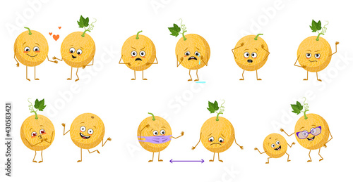 Set of cute melon characters with emotions, faces, arms and legs. Happy or sad heroes, exotic fruits play, fall in love, keep their distance with a mask, with a smile or tears