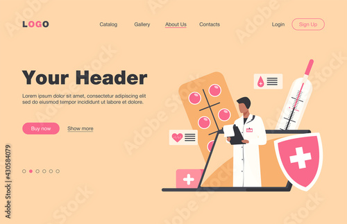 Doctor in laptop screen reading disease history. Computer, pill, therapist flat vector illustration. Medicine and healthcare concept for banner, website design or landing web page