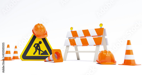 Obraz na plátně Under construction concept, Construction site, Road Barrier with Sign and Cones