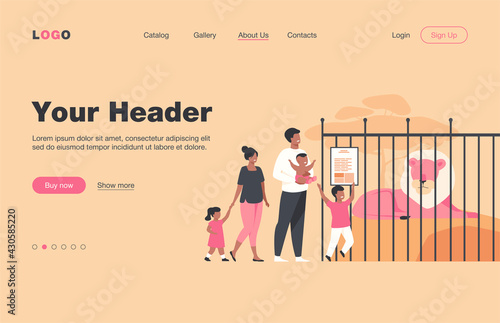 Family with kids in zoo looking at lion in cage flat vector illustration. Cartoon tourists walking in safari park together. Weekend, animals and tourism concept