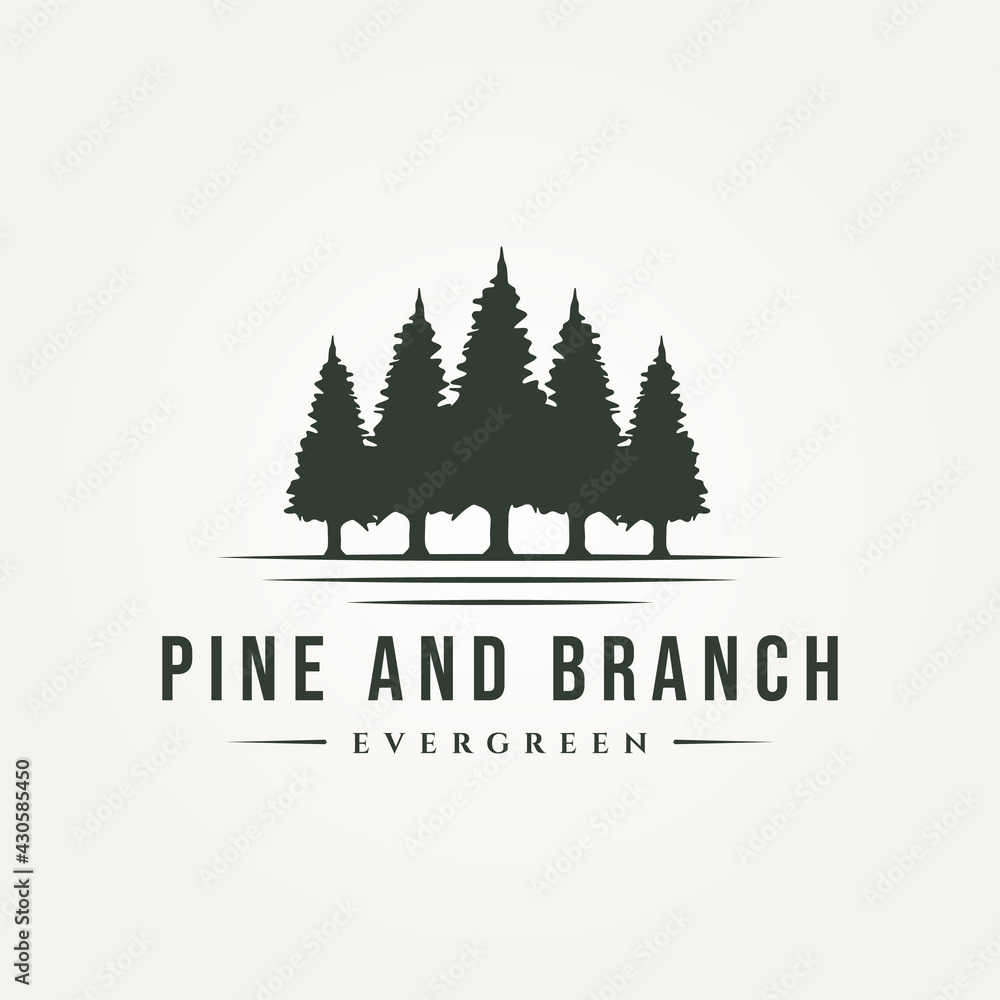 pine and branch landscape vintage logo template vector illustration design. silhouette classic nature, ecological, environment, evergreen logo concept