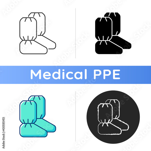 Medical boot covers icon. Protective wear from dangerous contamination. Sterile footwear. Quarantine safety. Disposable PPE. Linear black and RGB color styles. Isolated vector illustrations