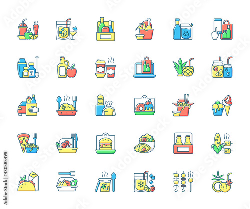 Drinks to go and takeaway food RGB color icons set. Fresh juice. Alcoholic beverage. Wine, beer, cocktail. Fried chicken wings. Phone ordering. Italian, mexican food. Isolated vector illustrations