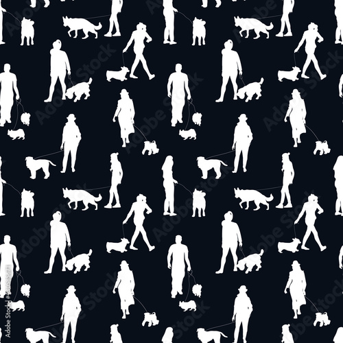 Black and white monochrome seamless pattern with silhouettes of many people walking with dogs. On black background.