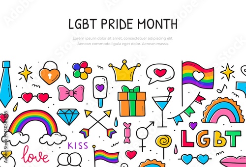 LGBT pride month concept. Website banner template in color. Gay parade. Hand drawn doodle sketch. Vector composition design.
