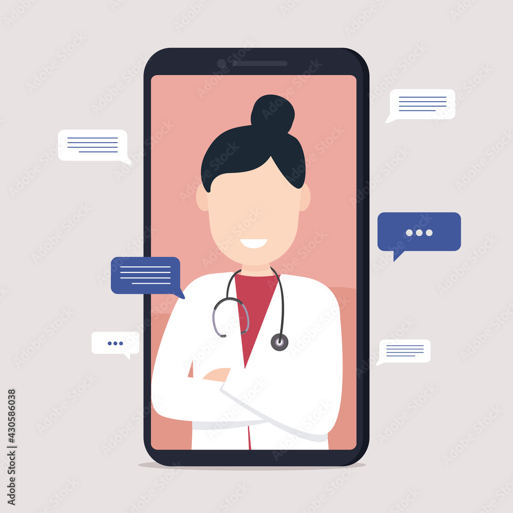 Woman Doctor video locating on a smartphone. Medical diagnostics via Internet. Concept of online medicine and health care. Woman Doctor video locating on a smartphone. Medical diagnostics via Internet. Concept of online medicine and health care.