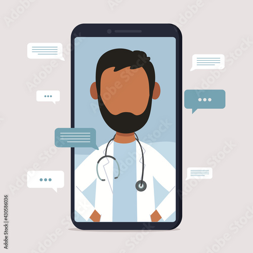 Indian Doctor video locating on a smartphone for Online medical consultation. Medical diagnostics via the Internet.