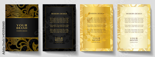 Luxury gold curve (scroll) pattern cover, frame design set. Elegant floral ornament on golden, black background. Premium vector collection for rich brochure, luxe invite, royal wedding template or men