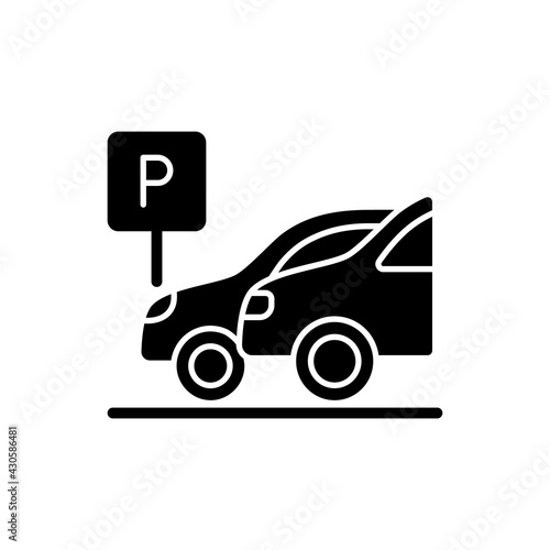 Car parking black glyph icon. Place where hotel guests can leave vehicles for night. Auto safe area with security guards. Silhouette symbol on white space. Vector isolated illustration