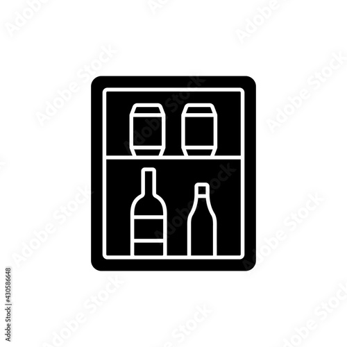 Mini bar black glyph icon. Small refrigerator in hotel room or cruise ship stateroom. Guest is charged for goods consumed. Silhouette symbol on white space. Vector isolated illustration