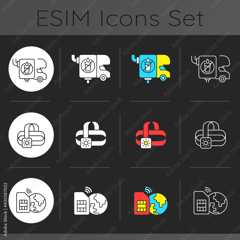 Traveler equipment dark theme icons set. Wastewater tank for trailer. Headlamp for explorer. Tourist gear for traveling. Linear white, solid glyph and RGB color styles. Isolated vector illustrations Traveler equipment dark theme icons set. Wastewater tank for trailer. Headlamp for explorer. Tourist gear for traveling. Linear white, solid glyph and RGB color styles. Isolated vector illustrations