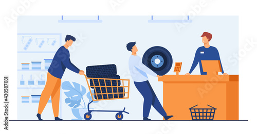 Men buying tires at car shop. Friends with wheels in shopping trolley, shop assistant at counter flat vector illustration. Car details, transport concept for banner, website design or landing web page