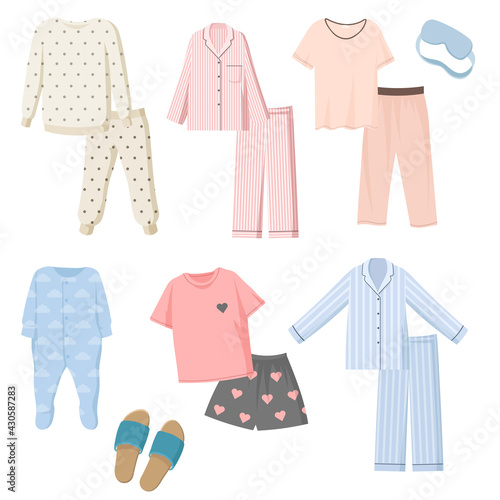 Cartoon pajamas for kids and adults vector illustrations set. Collection of pants and shirts for night wear, bedtime clothes, slippers isolated on white background. Fashion, clothes concept