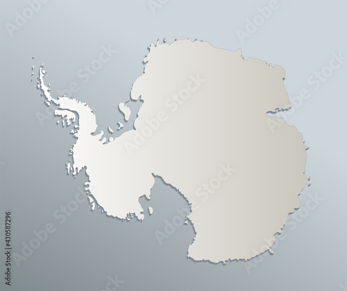 Antarctica map, administrative division with names, blue white card paper 3D blank
