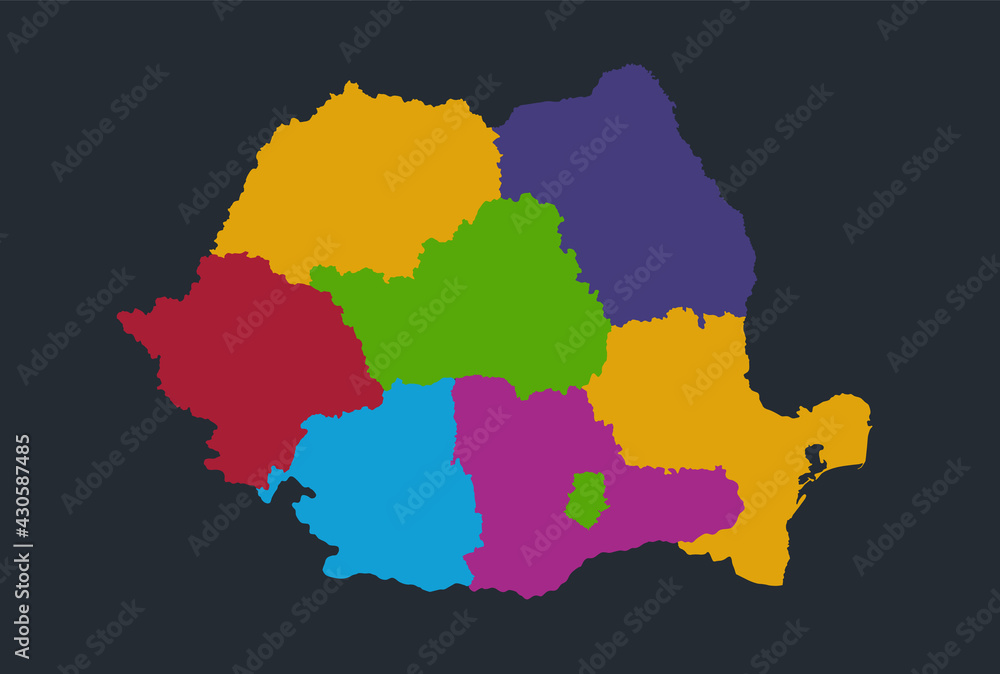 Romania map, flat design colors, individual administrative division, blue background, raster blank