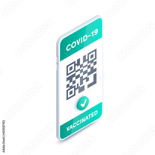 Electronic Covid-19 vaccine passport on smartphone screen with QR code isometric vector concept. 3d Vaccination green certificate on mobile phone. Health pass app, negative corona virus test.