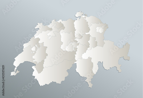 Switzerland map, administrative division, blue white card paper 3D blank