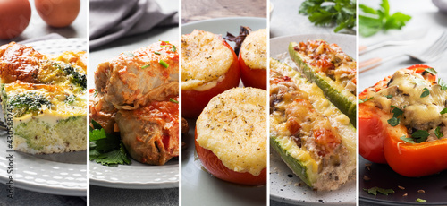 Collage of different photos of delicious food. A set of images with edible dishes.