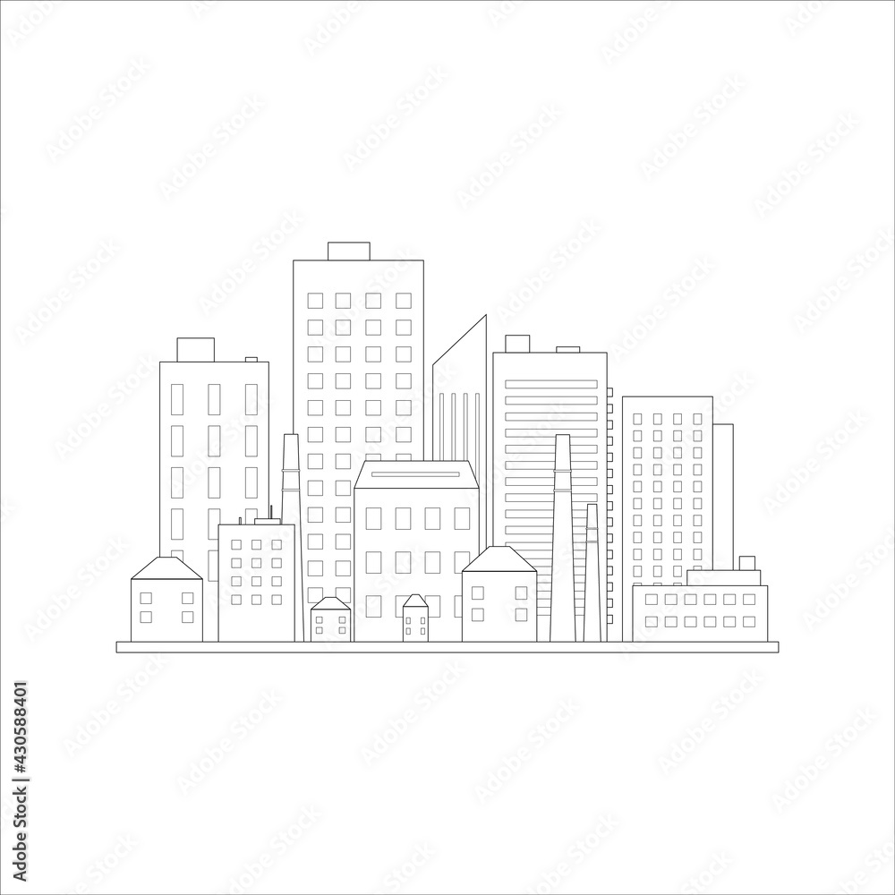 city building in flat line illustration vector, skyscraper cityscape design for background