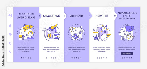 Hepatic impairment types onboarding vector template. Responsive mobile website with icons. Web page walkthrough 5 step screens. Alcoholic disease, cholestasis color concept with linear illustrations photo