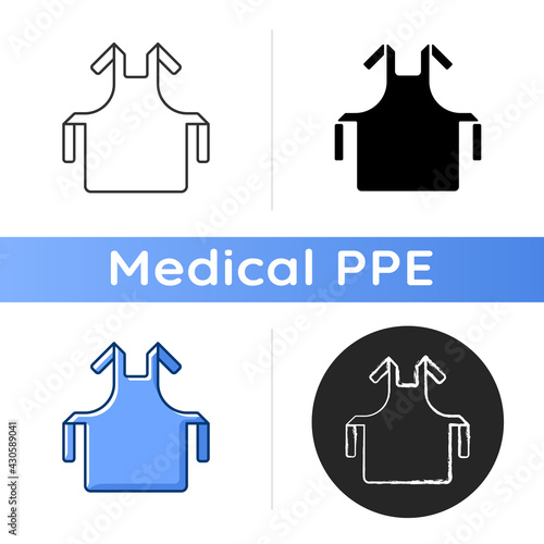 Medical apron icon. Protective wear. Sterile suit to work in hospital. Clinical surgical cloth. Doctor uniform. Disposable PPE. Linear black and RGB color styles. Isolated vector illustrations