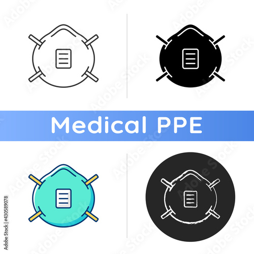 N 95 mask icon. Respirator for breathing. Contagious infection prevention. Protective wear from virus spread. Disposable PPE. Linear black and RGB color styles. Isolated vector illustrations