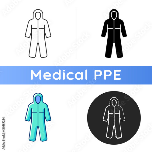 Medical coveralls icon. Protective wear from dangerous contamination. Suit for laboratory. Uniform for hazardous work. Disposable PPE. Linear black and RGB color styles. Isolated vector illustrations