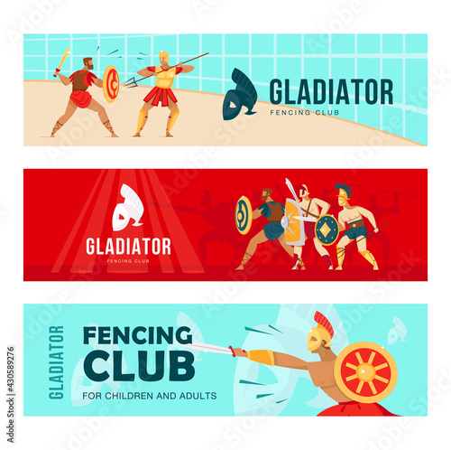 Creative banner designs with ancient Spartan warriors. Vivid brochures with gladiators, armored men fighting with words and shields. Fencing club, hobby concept for poster, promotion or web design