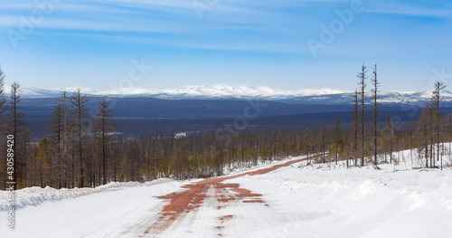 Spring landscape in Yakutia overlooking the mountain range