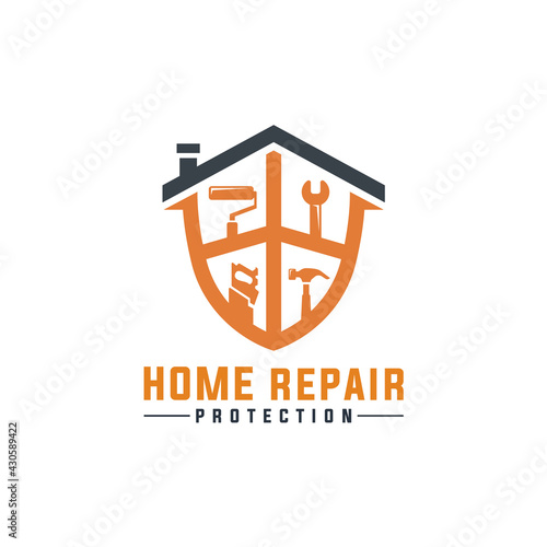 Home Repair Logo Design. Abstract House and Shield Combined With Constructions Repair Tool.