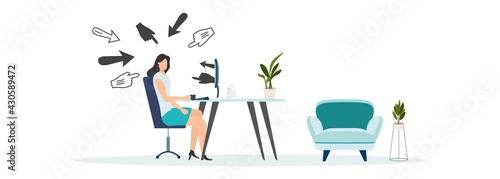 Cyber bullying. Internet abuse or online troll. Social media problem with hater comments concept. Depressed teenager girl sitting alone with computer laptop and mouse hand cursors pointing on her.