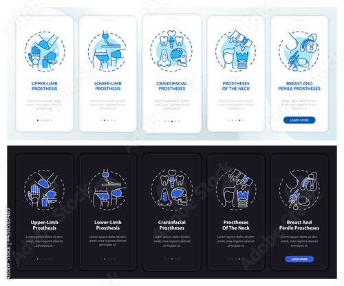 Prostheses kinds onboarding mobile app page screen with concepts. Craniofacial prosthesis walkthrough 5 steps graphic instructions. UI, UX, GUI vector template with linear night mode illustrations