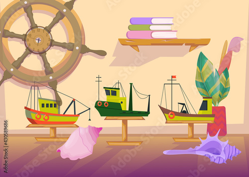 Cartoon collection of ship models and navigation symbols. Flat vector illustration. Three trawler models, seashells, books and steering wheel on wall. Ocean, marine industry, sea fishing concept
