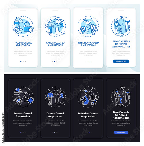 Amputation motives onboarding mobile app page screen with concepts. Cancer, infection walkthrough 4 steps graphic instructions. UI, UX, GUI vector template with linear night mode illustrations