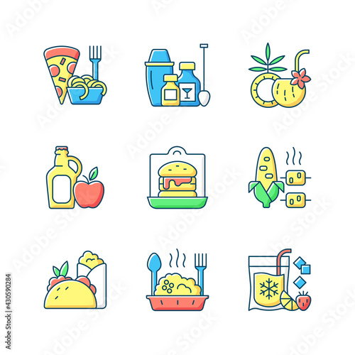 Pickup and delivery option RGB color icons set. Pizza, pasta. Cocktail kits. Pina colada. Cider, apple juice. Sandwiches, burgers. Grilled corn. Burritos and tacos. Isolated vector illustrations