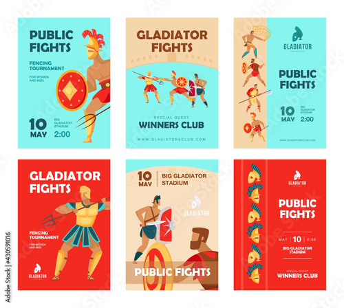 Event brochure designs with gladiators fighting. Vivid promotion for tournament with ancient warriors, public fights. Fencing club, competition concept for advertising leaflet or promotional flyer