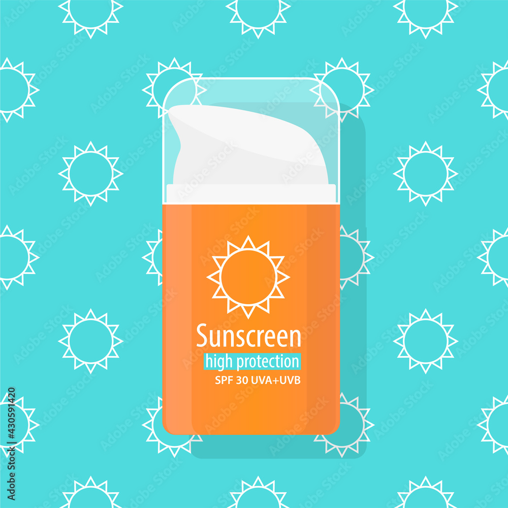 Spf 30 sunscreen cream icon. High level protective sunblock lotion uva uvb filters. Bright orange pump package cosmetics kit. Skin care. Dermatology approved summer spf cream flat vector illustration. Spf 30 sunscreen cream icon. High level protective sunblock lotion uva uvb filters. Bright orange pump package cosmetics kit. Skin care. Dermatology approved summer spf cream flat vector illustration.