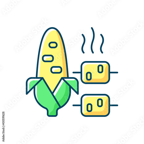 Boiled and grilled corn RGB color icon. Summery side dish. Barbecue, popcorn. Nutritious meal. Sweetcorn. High fibre content. Veggie dinner. Antioxidants source. Isolated vector illustration