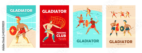 Trendy poster designs with Coliseum gladiators. Vivid brochures with ancient warriors with swords and shields on bright background. Fencing club, hobby concept for promotional leaflet or flyer