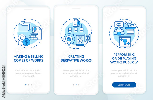 Exclusive owner rights onboarding mobile app page screen with concepts. Making works copies walkthrough 3 steps graphic instructions. UI, UX, GUI vector template with linear color illustrations