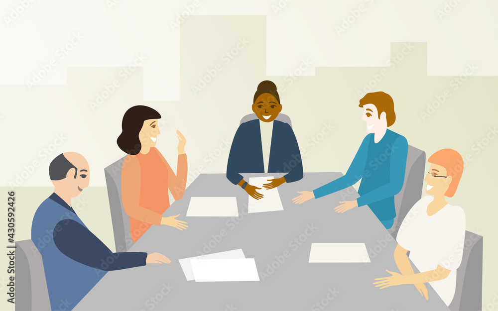 Woman boss and her team discuss project and rejoice at success. City visible through window. Business people discussing in conference room. Multi-ethnic team