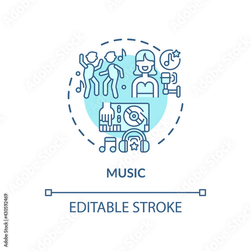 Music concept icon. Copyright object idea thin line illustration. Rights for musical work. Intellectual property creation. Song lyrics. Vector isolated outline RGB color drawing. Editable stroke