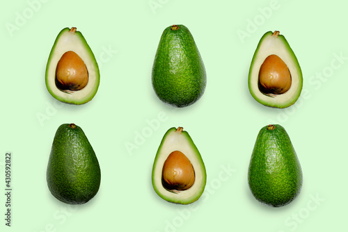 avacado layout top view, avacado on light green background