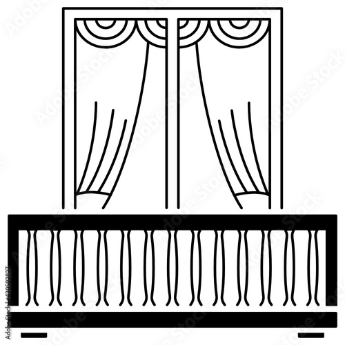 Living Room Window with Curtains Concept Vector glyph Icon Design, balcony and window front view symbol, House exterior design ideas with vintage and classic balconies facade stock illustration