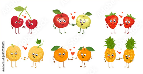 Set of cute characters of fruits and berries with emotions, faces, arms and legs. Happy people in love hold hands and smile