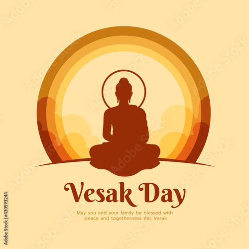 Happy vesak day banner - brown buddha meditated sign in circle layer with sky on yellow background vector design © ananaline