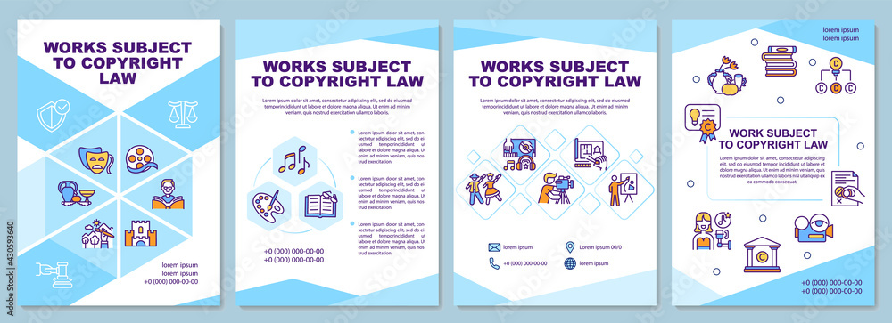 Works subject to copyright law brochure template. Steal product. Flyer, booklet, leaflet print, cover design with linear icons. Vector layouts for presentation, annual reports, advertisement pages