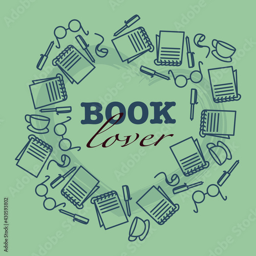Book lover line art vector illustration. The cover of the notebook. Logo for writers. Literary design. Notebook vector round picture.